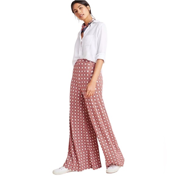 Farm Rio for Anthropologie Knit Wide-Leg Pants in Orange Geo -L